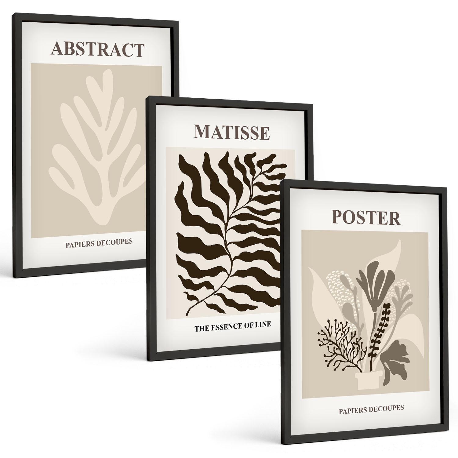 BILDER SET 3er Set - 40x60 cm Schwarzer Rahmen - Beige-braune Pflanzenmuster - Schwarz, Kunststoff (40/60cm) - TULUP