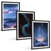BILDER SET 3er Set - 40x60 cm Schwarzer Rahmen - Nachthimmel, Berge, Winterlandschaft - Schwarz, Kunststoff (40/60cm) - TULUP