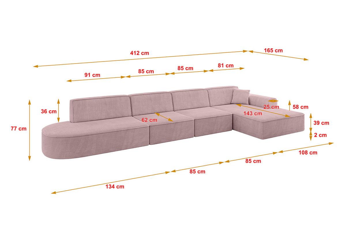 ECKSOFA Ottomane Rechts IREA-L3-v3 - 412x165x77 cm Rosa - Rosa, Holzwerkstoff/Textil (412/165cm) - ALTDECOR