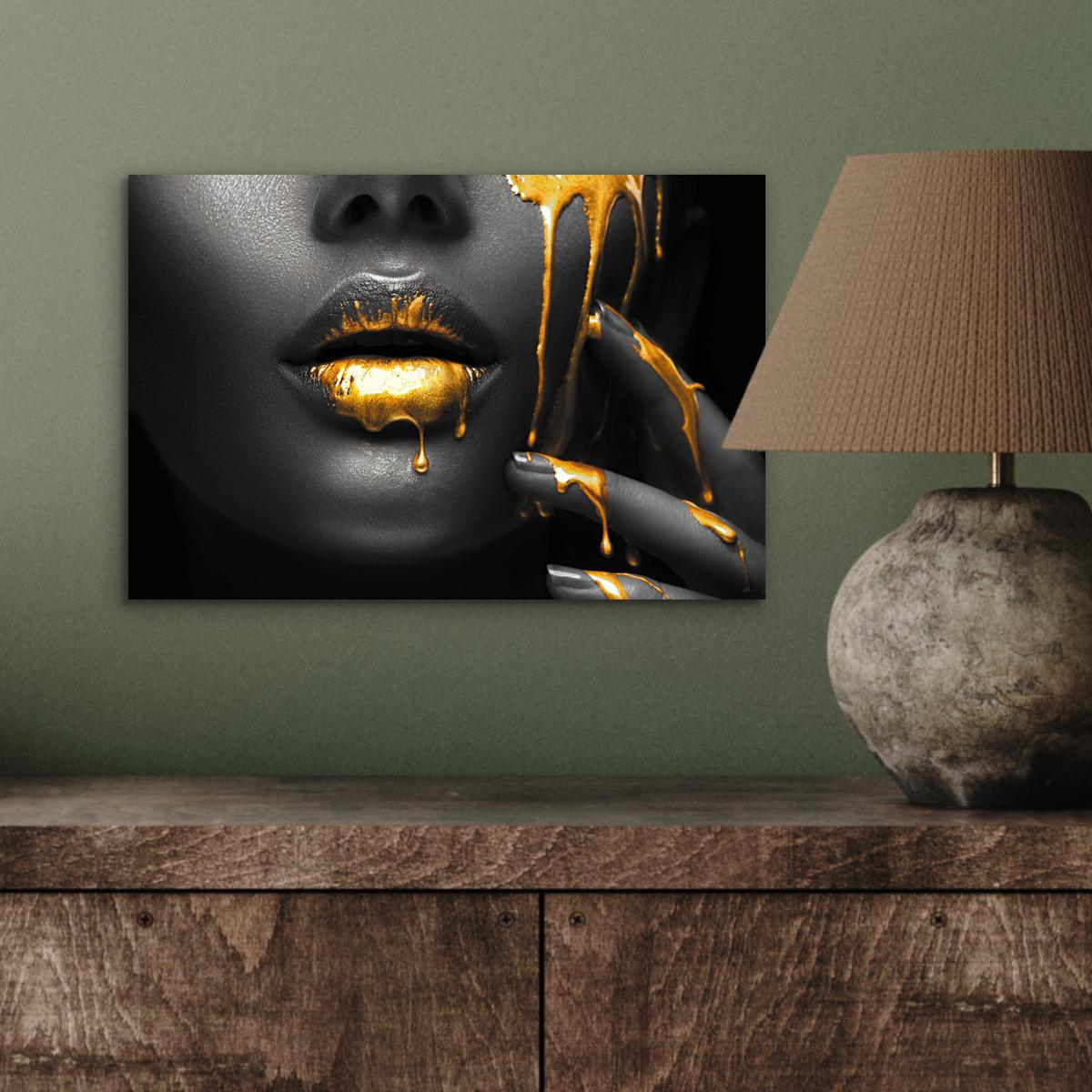 METALLBILD Frau - Schwarz - Gold - Gesicht - Lippen 30x20 cm - Goldfarben, Metall (30/20cm) - MuchoWow