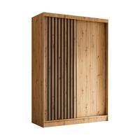 KLEIDERSCHRANK mit furnierten Schiebetüren und Aluminium-Leisten, LED-Beleuchtung - LABELO - 150 cm Artisan+Artisan+Schwarz - Schwarz/Eiche Artisan, Holzwerkstoff (150/216/61cm) - ALTDECOR
