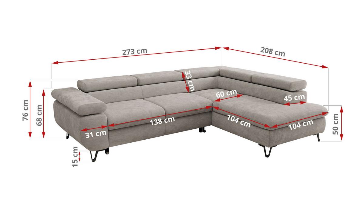 ECKSOFA PABLO L Hellgrau Schenille glatt - Links Seite mit T25 Topper - Hellgrau/Schwarz, Textil/Metall (208/273cm) - MKS