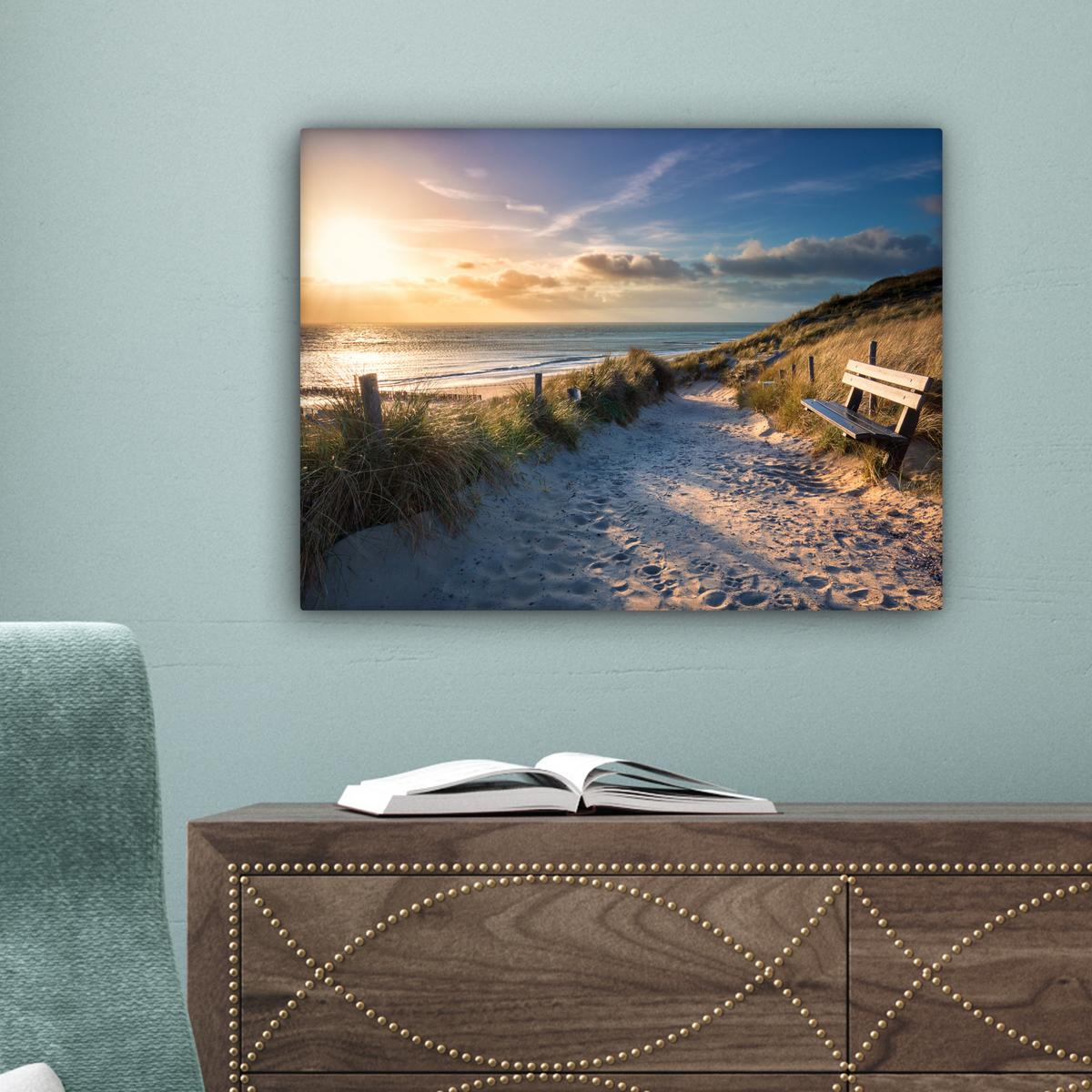 LEINWANDBILD Sonnenuntergang - Strand - Düne - Gras - Ufer Wandbild 40x30 cm - Sandfarben, Textil (40/30cm) - MuchoWow