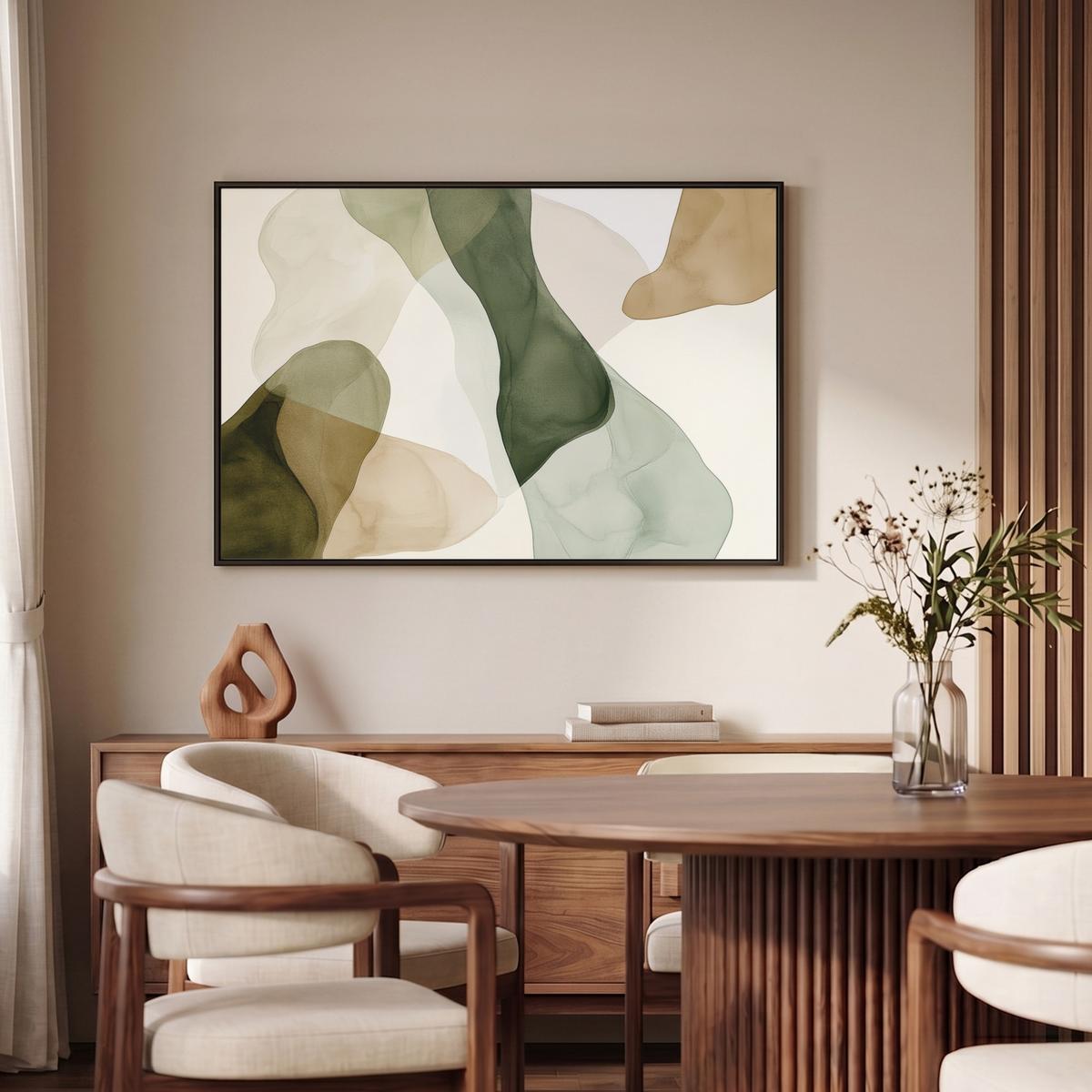 LEINWAND Bilder mit Rahmen - Japandi - Abstrakt - Grün - 90x60 - Salbeigrün, Textil (90/60cm) - MuchoWow