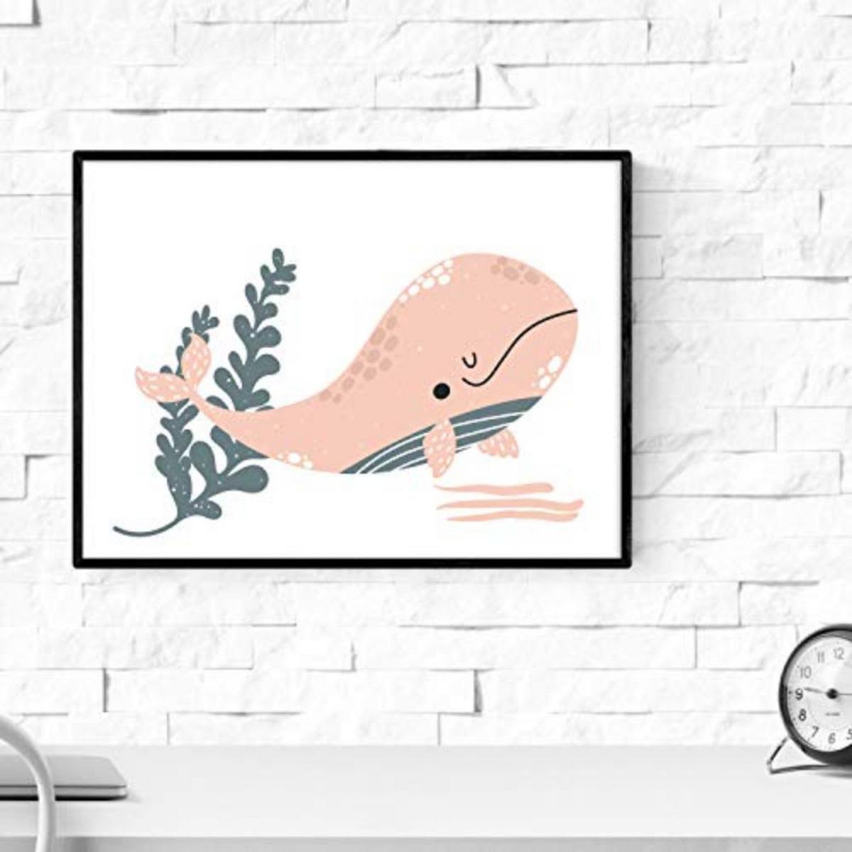 POSTER Set mit 4 Wale im Meer grau orange und rosa A4 Rahmenlos - Klar, Papier (29.7/3cm) - Nacnic