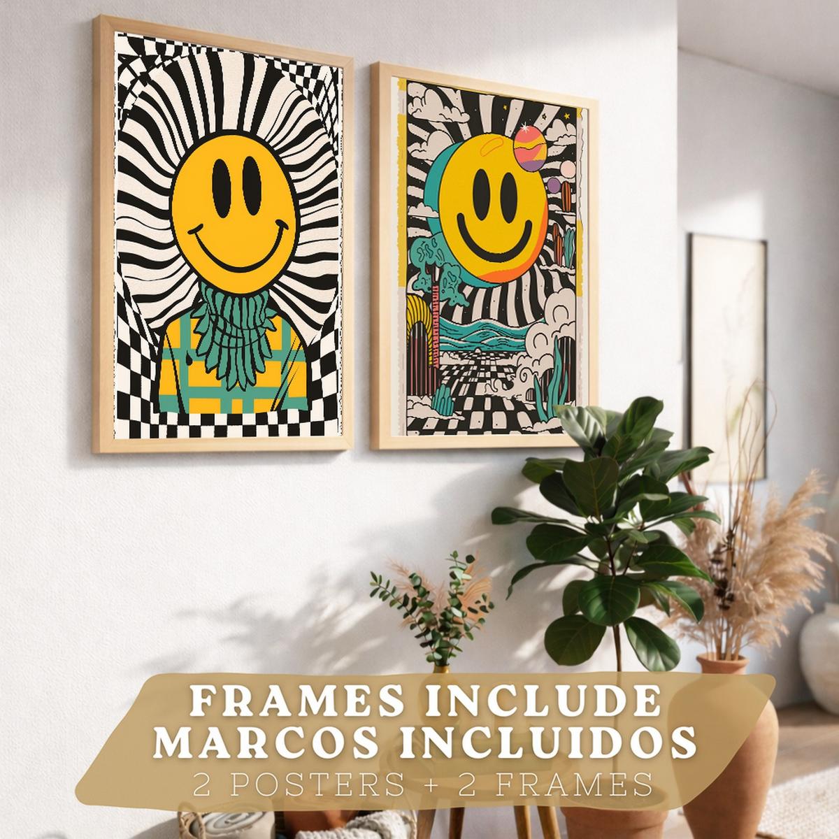 POSTER 4er Kunstdruck-Set Wandbilder Smiley Emoji modern Wohnzimmer Deko, Schlafzimmer, Küche, Badezimmer Leichter Holzrahmen A3 - Beige, Papier (29.7/1/42cm) - Nacnic