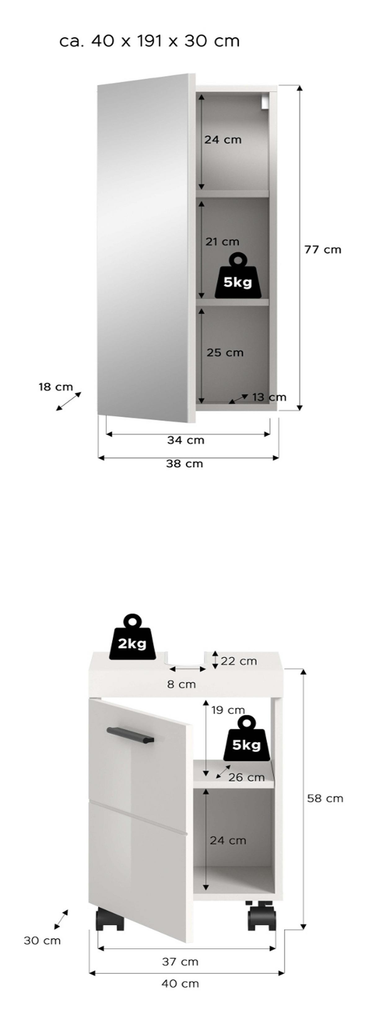 BADMÖBEL-SET weiß Hochglanz 2-teilig 40 cm, Badkombination auf Rollen - Weiß Hochglanz/Schwarz, Glas/Holzwerkstoff (40/191/30cm) - Inn.Furn