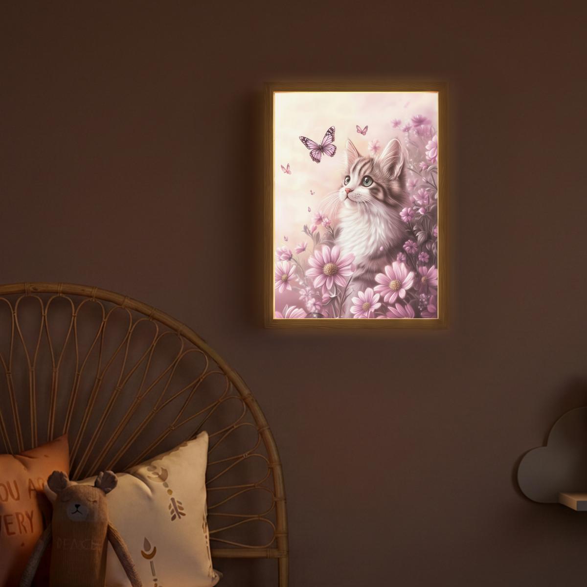 WANDLEUCHTE MIT AKKU Kätzchen - Blumen - Schmetterlinge - Lila 30x40 cm - Altrosa, Holzwerkstoff (30/40/8cm) - OnlyWow