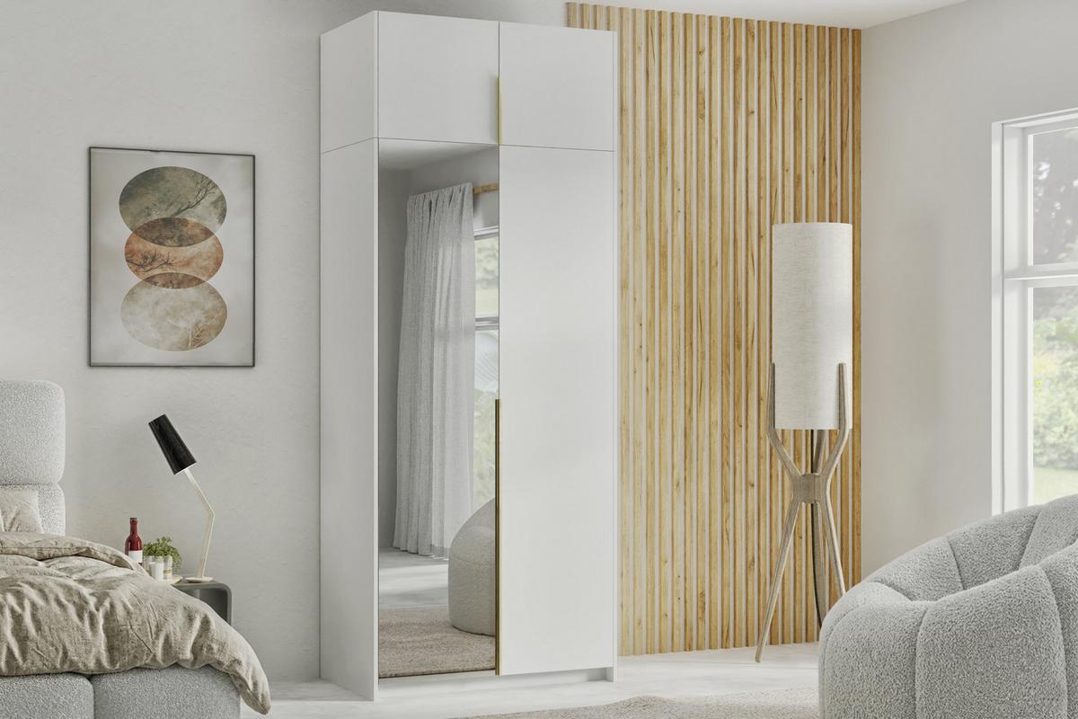 DREHTÜRENSCHRANK THALIA 100/250/58cm 2-türig mit Spiegel Weiß - Weiß, Holzwerkstoff (100/250/58cm) - MASSENO