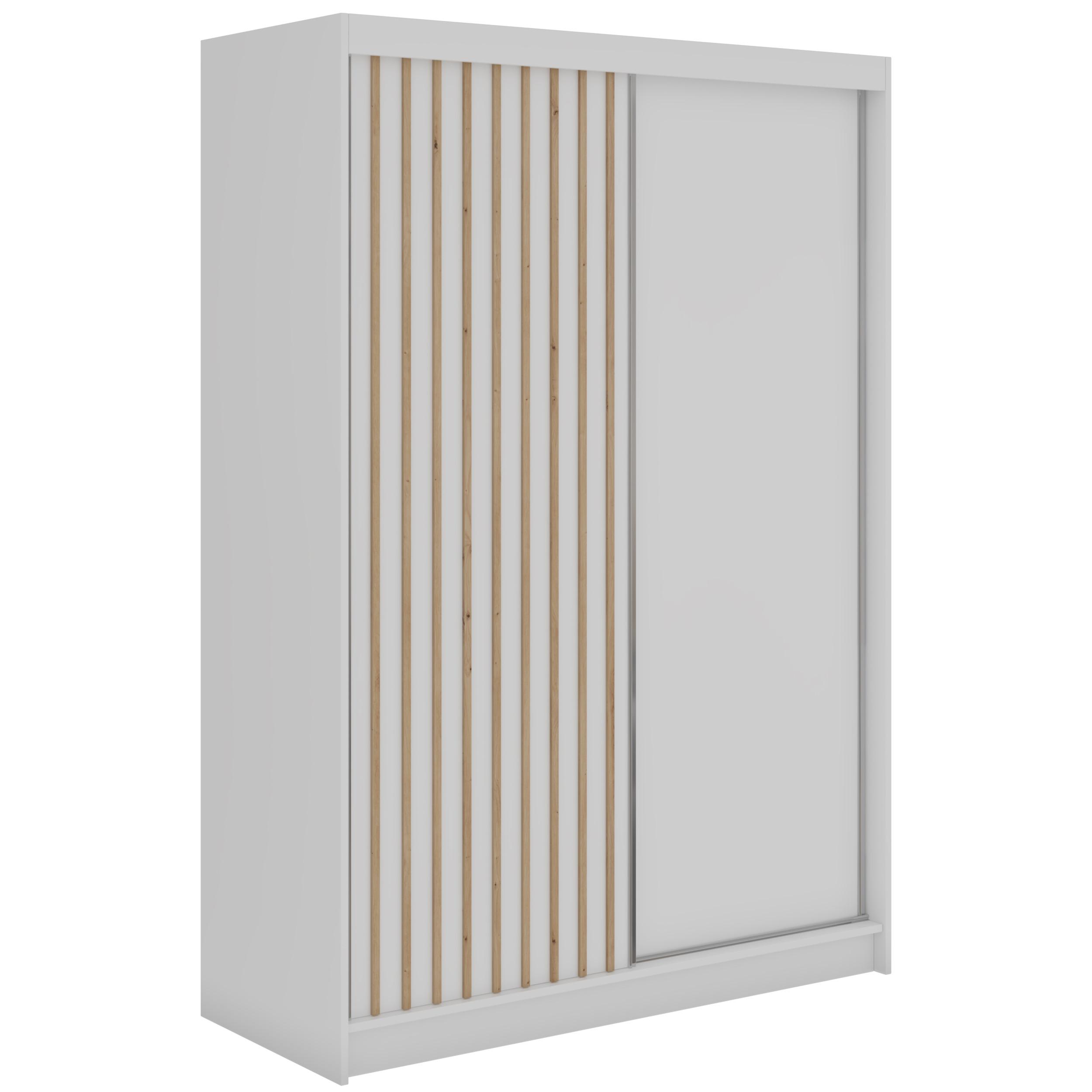 SCHWEBETÜRENSCHRANK mit Lamellen LUMOS - 150 - Weiß und Eiche Artisan - Alufarben/Weiß, Holzwerkstoff/Metall (150/216/61cm) - MKS