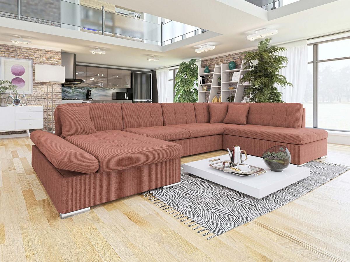 WOHNLANDSCHAFT Bergen Cord, Seite: Links - Silberfarben/Rosa, Holz/Textil (345/76/205cm) - MIRJAN24
