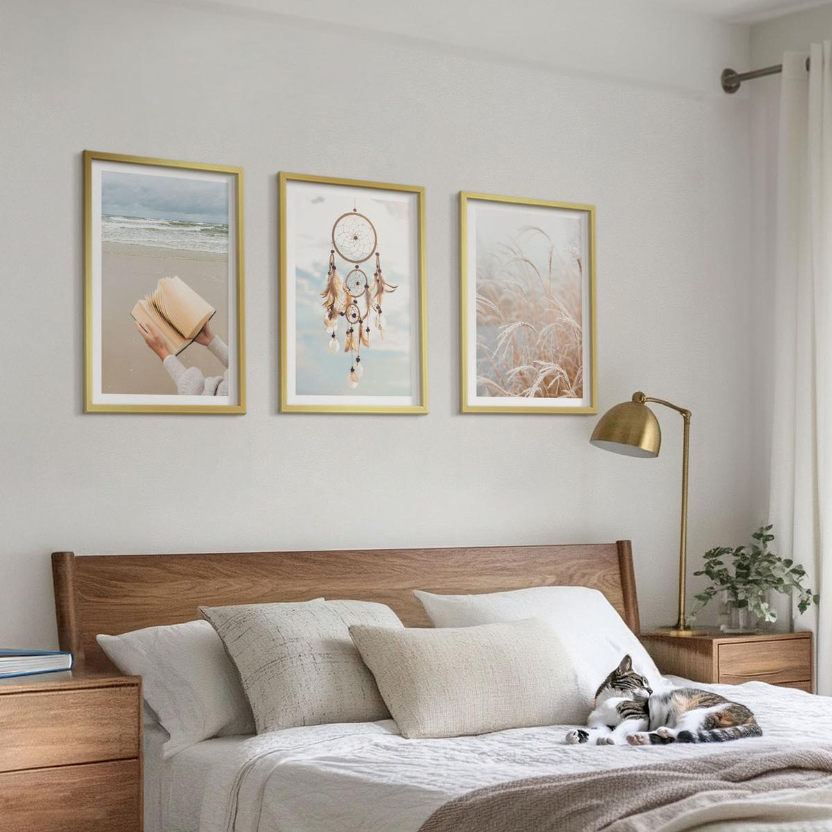BILDER SET 3er Set - 40x60 cm Goldrahmen - Friedliche sommerliche Boho-Landschaften - Goldfarben, Kunststoff (40/60cm) - TULUP