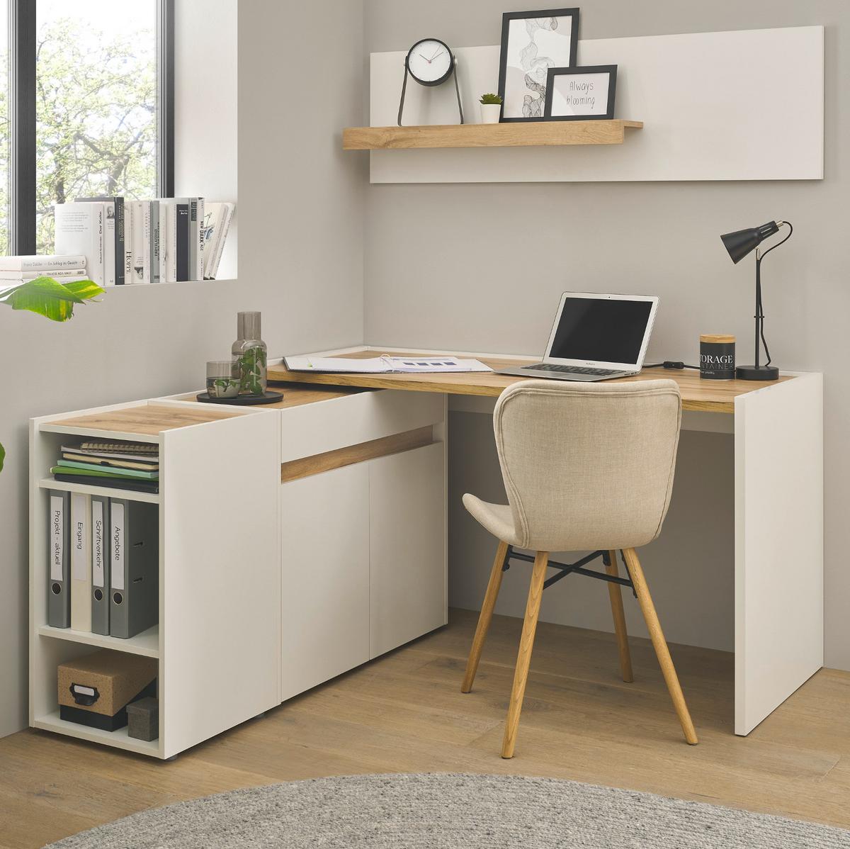 SCHREIBTISCHKOMBINATION 4-teilig weiß matt, Eiche Wotan, Büromöbel Set mit viel Stauraum - Eichefarben/Eiche Wotan, Holzwerkstoff/Kunststoff (140/143/180cm) - Furn.Design