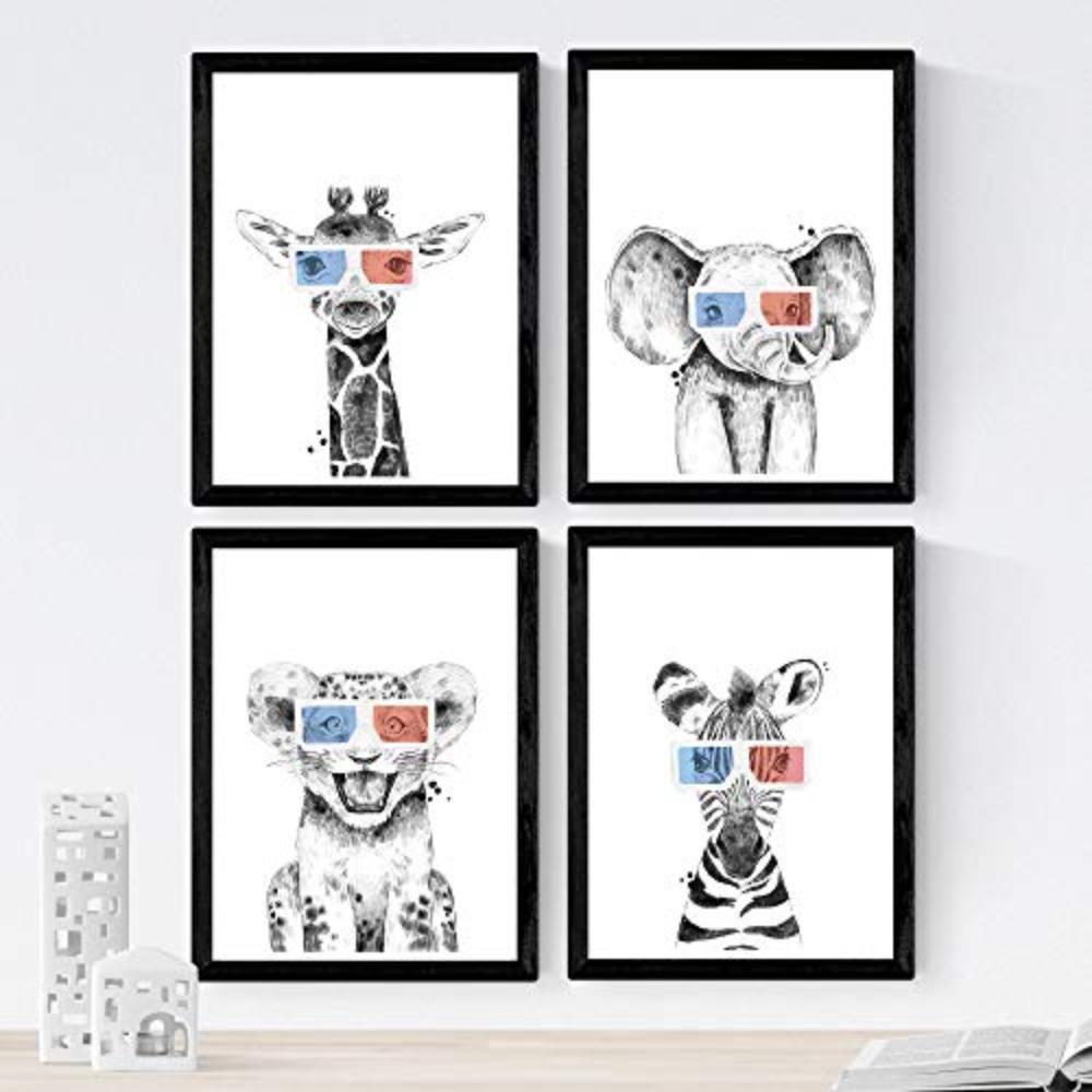 POSTER Set mit 4 „Tiere mit 3DBrille“ A4 Rahmenlos - Klar, Papier (29.7/3cm) - Nacnic