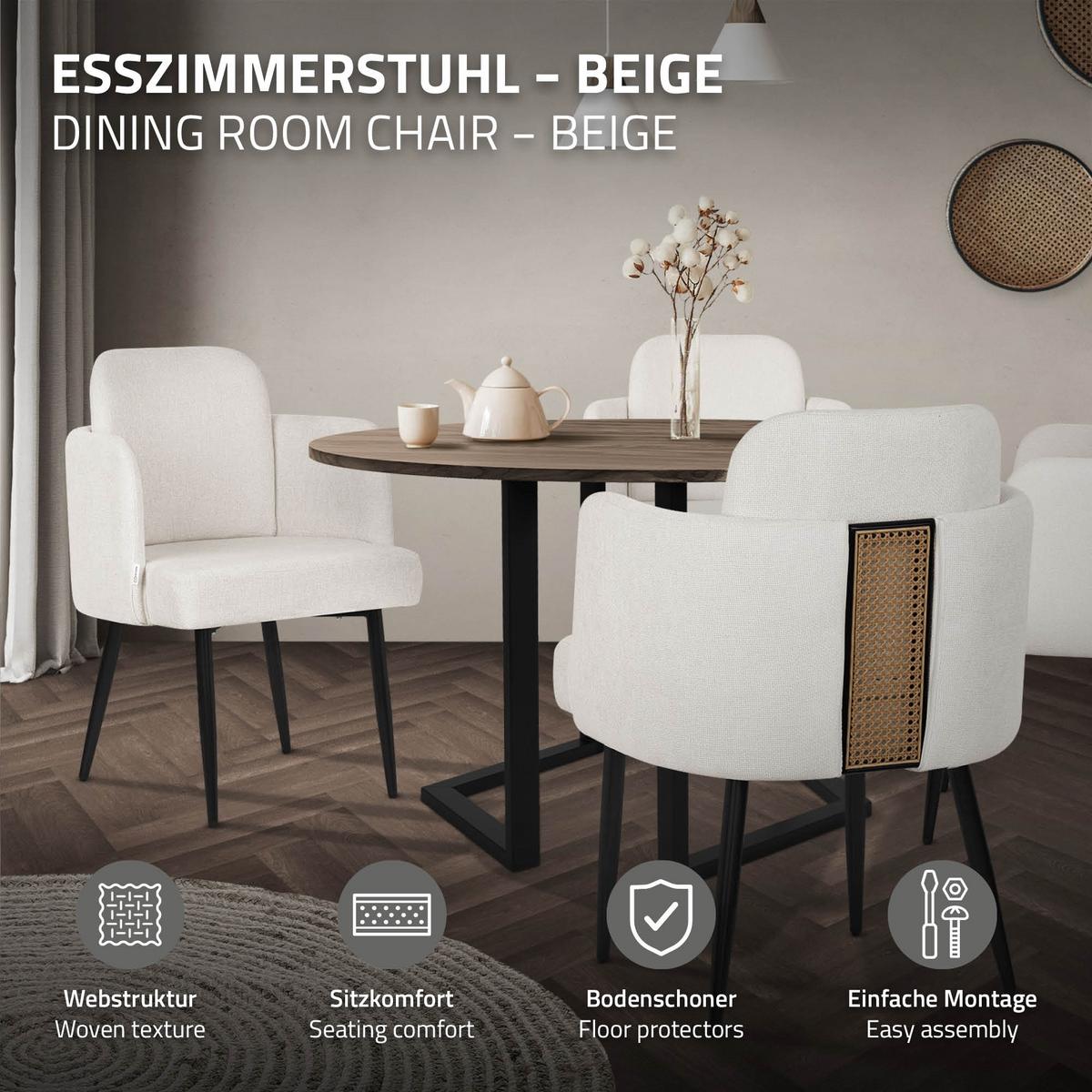 ESSZIMMERSTÜHLE 2er Set Beige mit Stoffbezug Rattan Optik - Beige/Schwarz, Textil/Metall (59/86/59cm) - ML-DESIGN