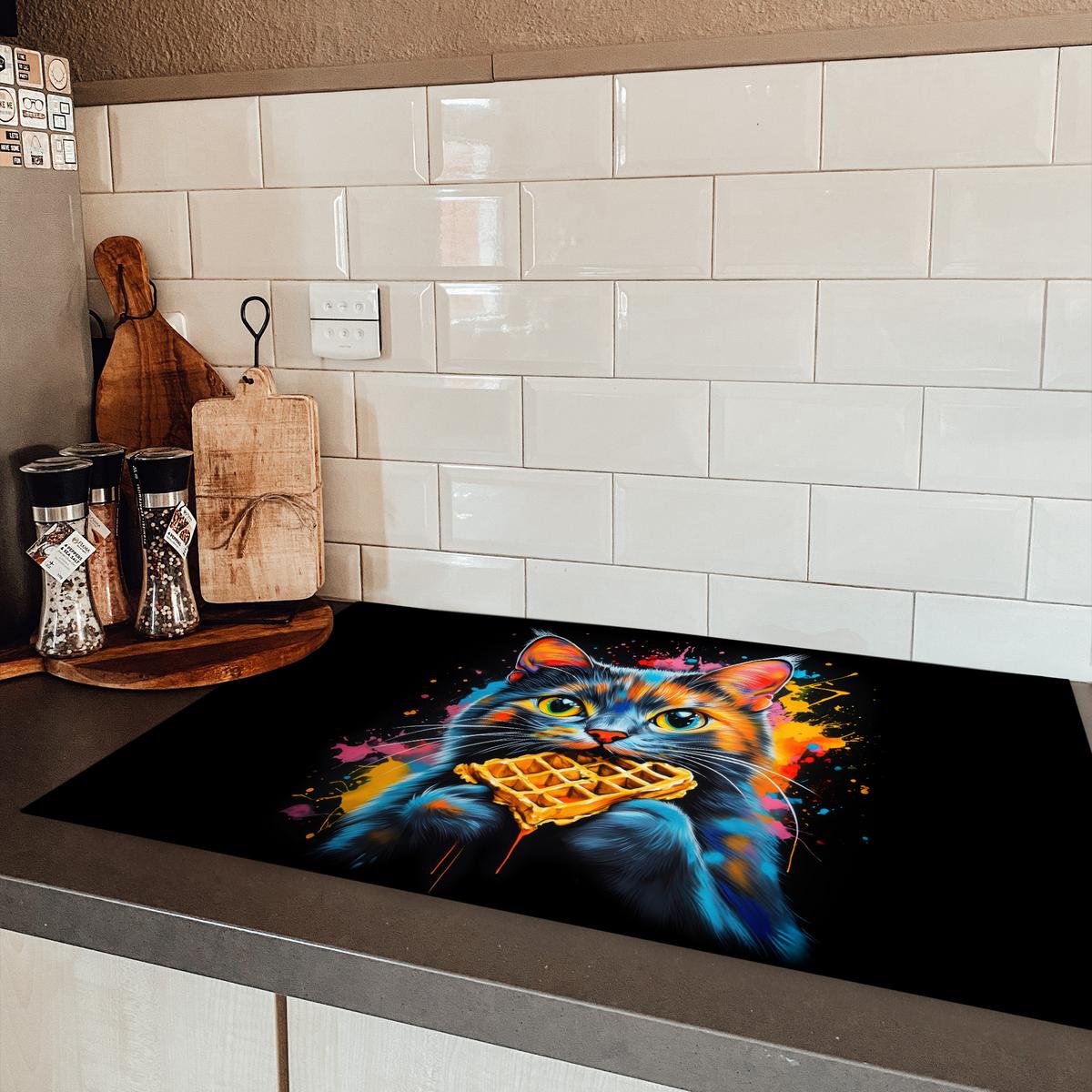 HERDABDECKPLATTE Katze - Graffiti - Bunt - Waffel - Essen Induktionsmatte 83x51 cm - Multicolor, Kunststoff (83/51.5/0.2cm) - MuchoWow