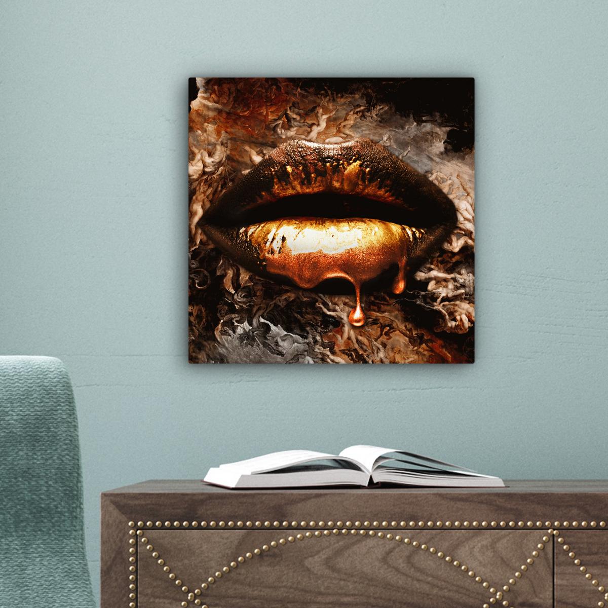 LEINWANDBILD Gold - Lippen - Kunst - Gold - Luxus - Abstrakt Deko Wohnzimmer 20x20 cm - Kupferfarben, Textil (20/20cm) - MuchoWow