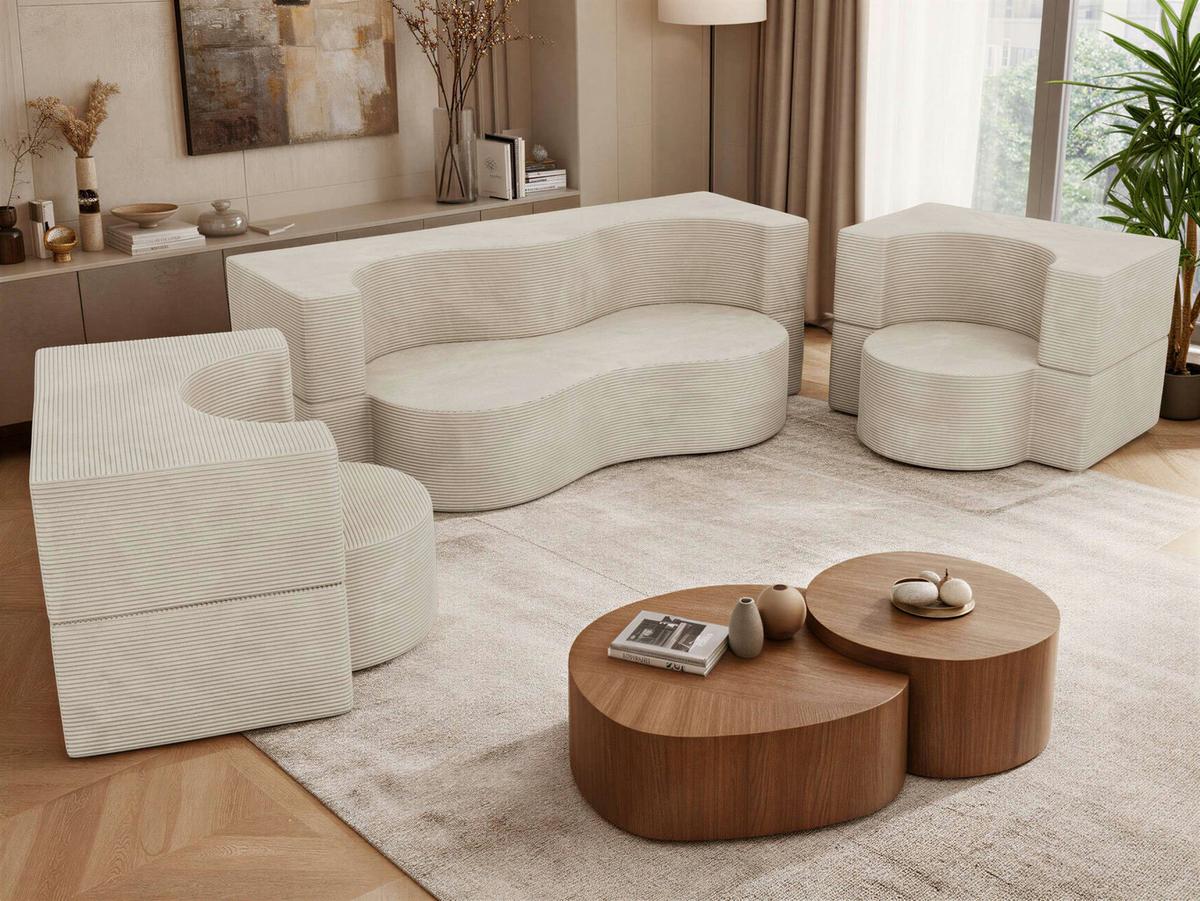 SITZGARNITUR SANOA 2+1+1 - Creme Cord - Creme, Textil (200/68/100cm) - MKS
