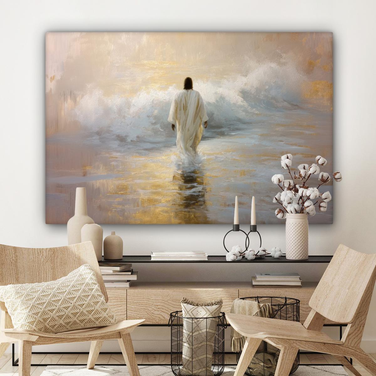 LEINWANDBILD Gemälde - Welle - Jesus - Abstrakt Wohnzimmer Groß 120x80 cm - Goldfarben, Textil (120/80cm) - MuchoWow