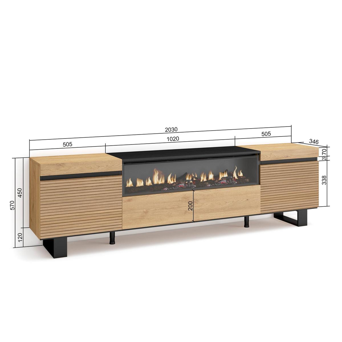 LOWBOARD Eiche, mit Elektrokamin, 200/35/57cm - Eichefarben, Holzwerkstoff (200/57/35cm) - Skraut Home
