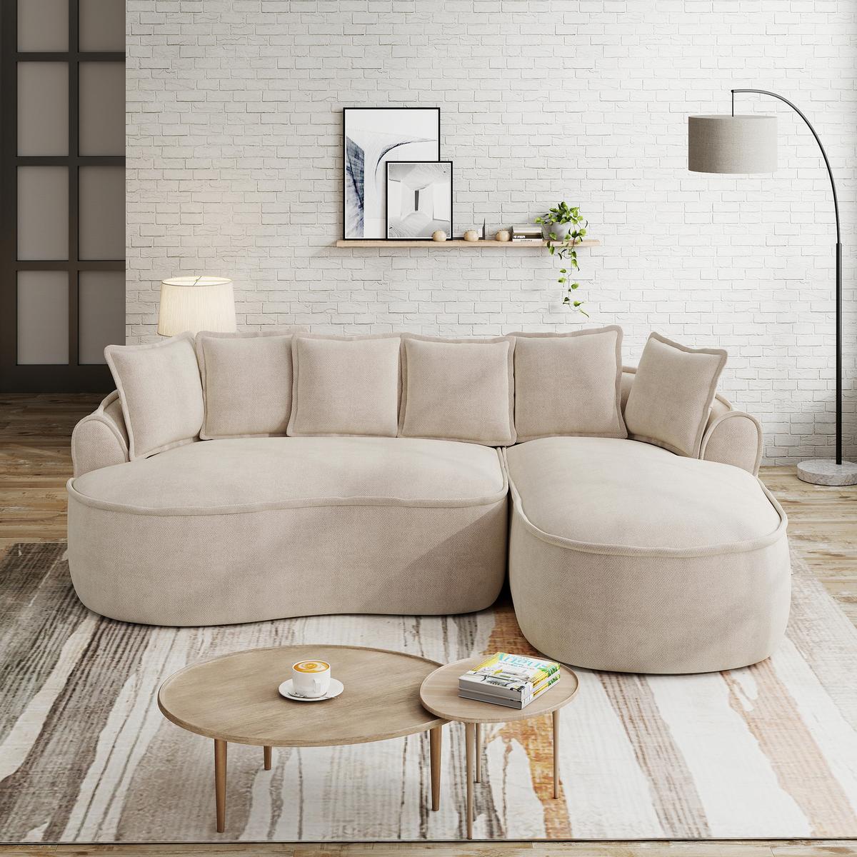 ECKSOFA chenille mit extra tiefer chaiselongue & rahmenlosem design - Hellbraun, Textil (252/164cm) - Urban Meuble