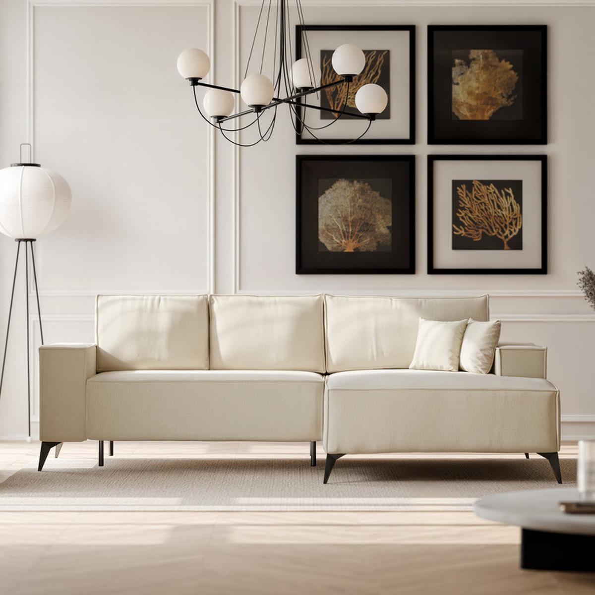 ECKSOFA OTIS Rechts, mit Schlaffunktion und Bettkasten, Creme - Creme, Textil/Metall (294/185cm) - Idohome