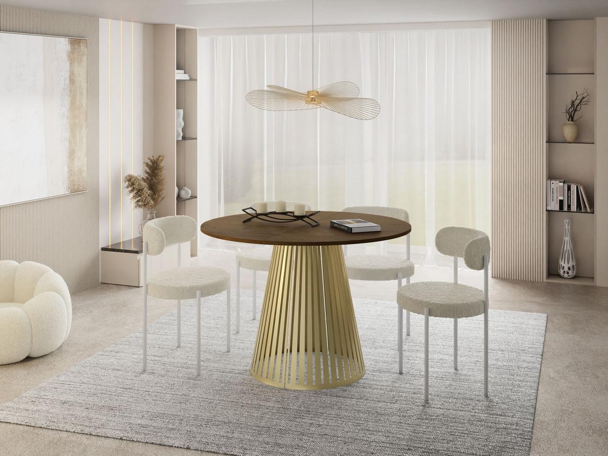 ESSTISCH Naro rund ausziehbar mit Goldenem Lamellen-Metallgestell, Braun 120-200/120/76 cm - Alteiche/Goldfarben, Holzwerkstoff/Metall (120/196/76cm) - WFL GROUP