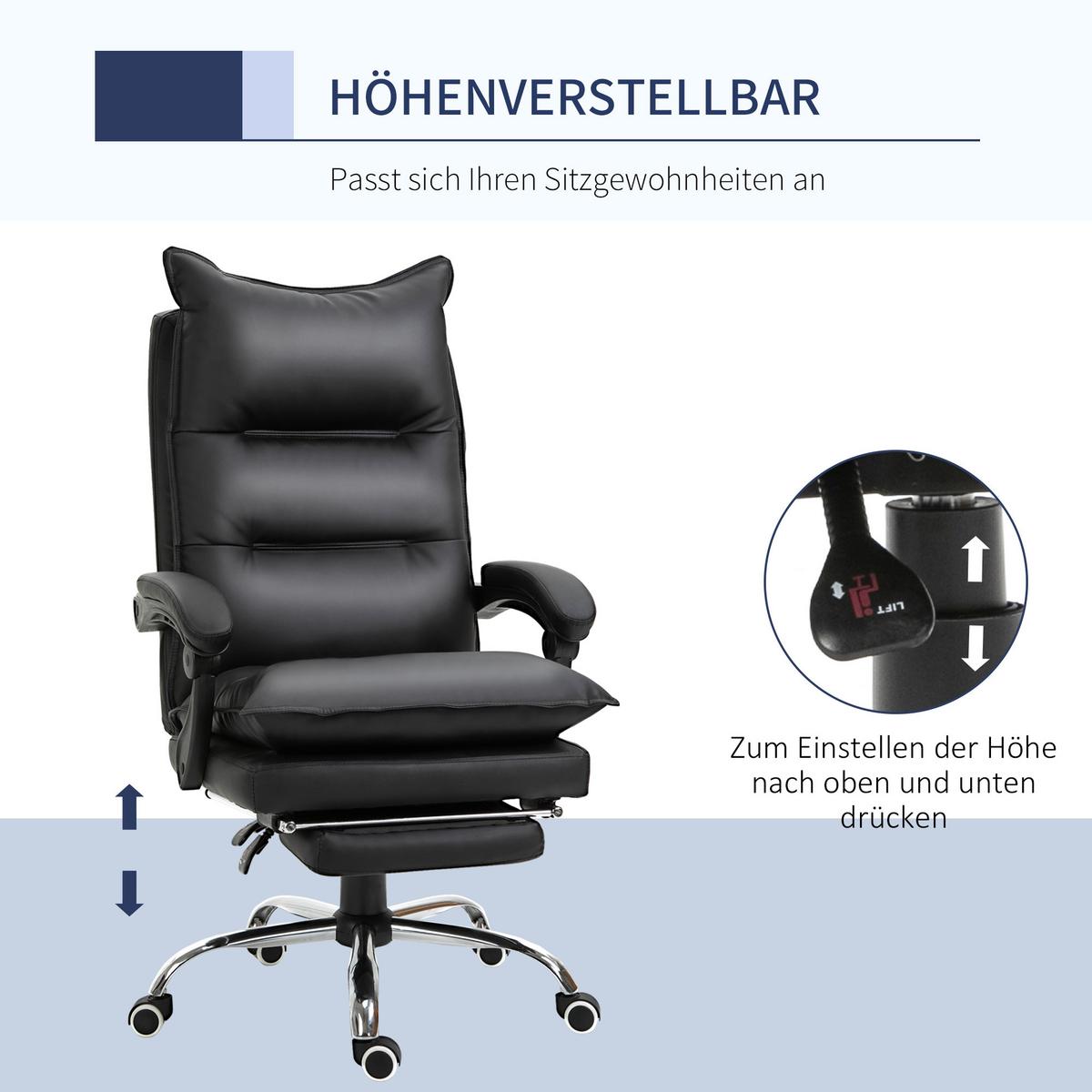 BÜROSTUHL mit Fußstütze Schreibtischstuhl Rückenlehne Kunstleder Schwarz - Schwarz, Kunststoff (72/130/66cm) - Vinsetto