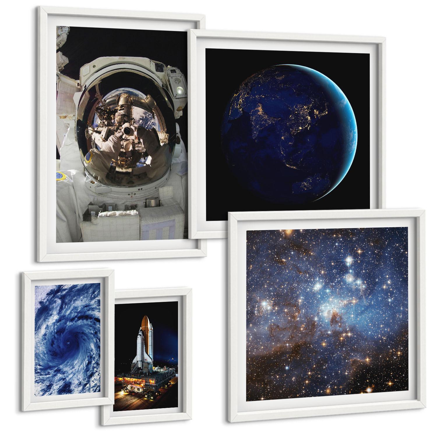 BILDER SET 5er Set - 50x50 cm & 20x30 cm & 40x60 cm Weißer Rahmen - Weltraum Erde Astronaut Rakete - Weiß, Kunststoff (40/60cm) - TULUP
