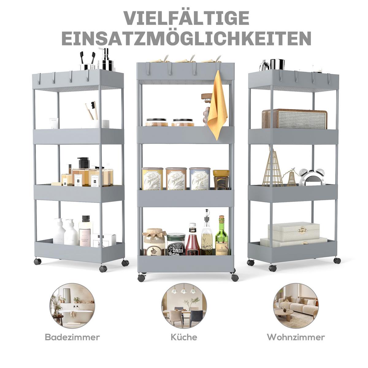 ROLLWAGEN mit 4 Ebenen, Kunststoff, Grau, 40 x 19 x 90 cm - Grau, Metall (19/90/40cm) - HOMCOM