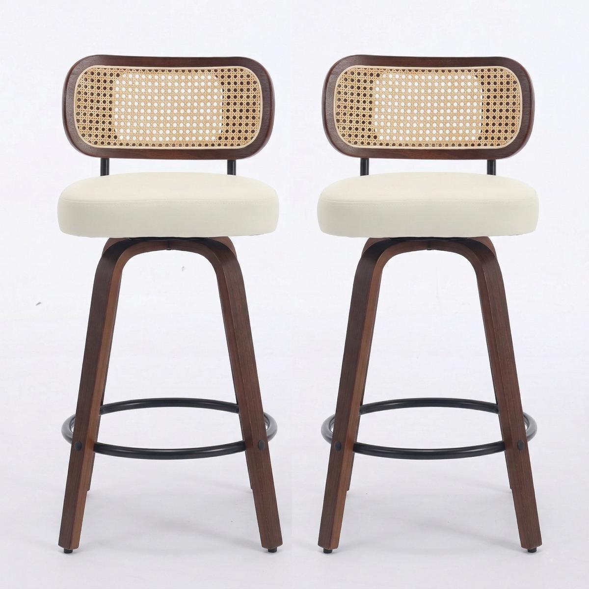 BARHOCKER SET 2 STK. 90 cm Walnuss & Beige Drehbare Rattan Barstühle mit Polstersitz - Beige, Leder (56/90/43cm) - Urban Meuble