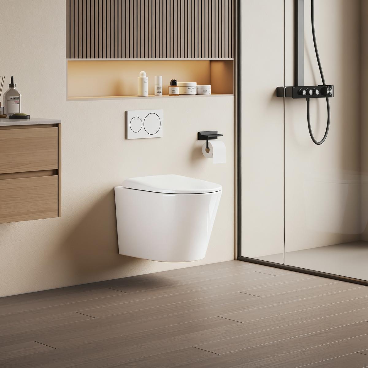 WAND-WC Set 49 x 36,5 cm inkl. WC-Sitz mit Absenkautomatik weiß glänzend - Weiß, Keramik (36.5/36/49cm) - EMKE