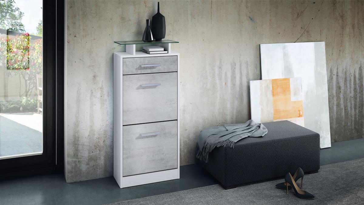 SCHUHSCHRANK Loret Front in Beton Oxid Optik - Hellgrau, Holzwerkstoff (46/104/23cm) - Vladon