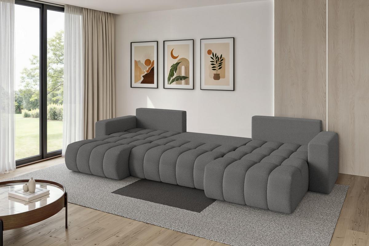 WOHNLANDSCHAFT mit Schlaffunktion und Bettkasten MILA-U-v1 378x194x86 Grau Bouclé - Schieferfarben/Schwarz, Holzwerkstoff/Kunststoff (378/86/194cm) - ALTDECOR