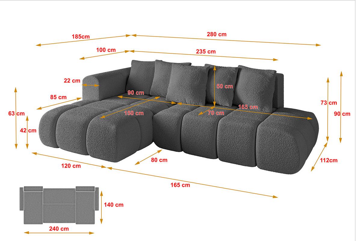 ECKSOFA Ottomane Links CLOUD-L-v1 280x185x90 Grau Bouclé - Grau, Holzwerkstoff/Kunststoff (180/289cm) - ALTDECOR