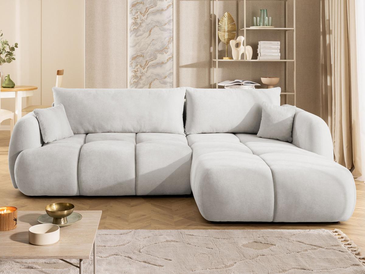 ECKSOFA Loretto aus natürlichem Creme Webstoff mit Schlaffunktion, Bettkasten und tiefen Steppungen in Bubble-Optik - Creme/Schwarz, Holz/Kunststoff (275/180cm) - S-Style