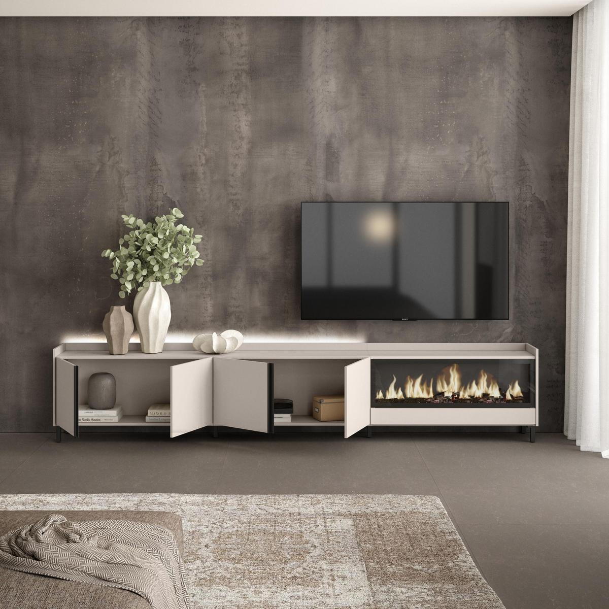 LOWBOARD, Beige, 315/35/61cm, Kamin mit Feuereffekt XXL - Beige, Holzwerkstoff (315/61/35cm) - Skraut Home