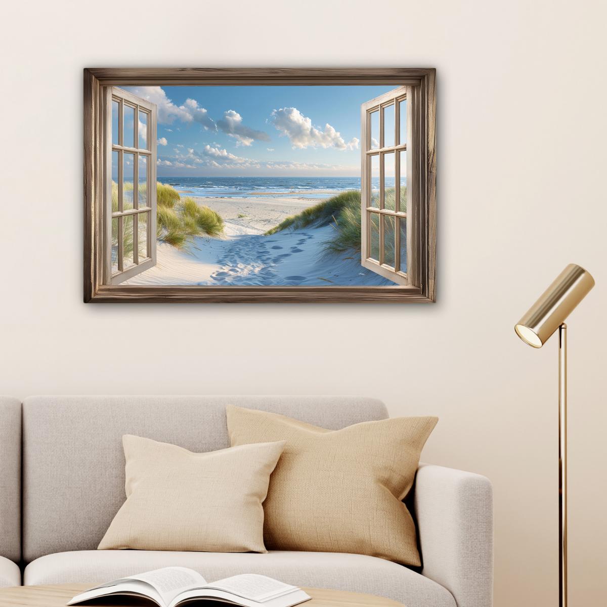 LEINWANDBILD Aussicht - Strand - Fenster - Dünen - Meer Wanddeko 90x60 cm - Hellblau, Textil (90/60cm) - MuchoWow