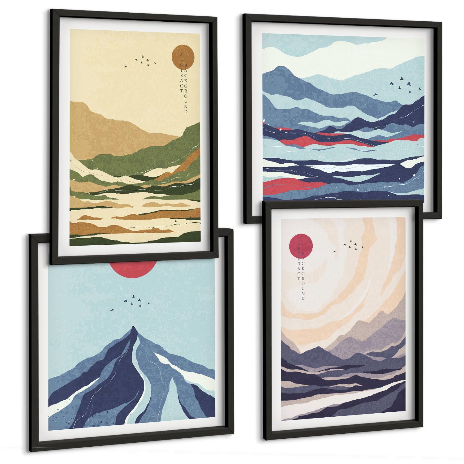 BILDER SET 4er Set - 50x50 cm & 40x60 cm Schwarzer Rahmen - Pastellfarbene Berge im Japandi-Stil - Schwarz, Kunststoff (50/50cm) - TULUP