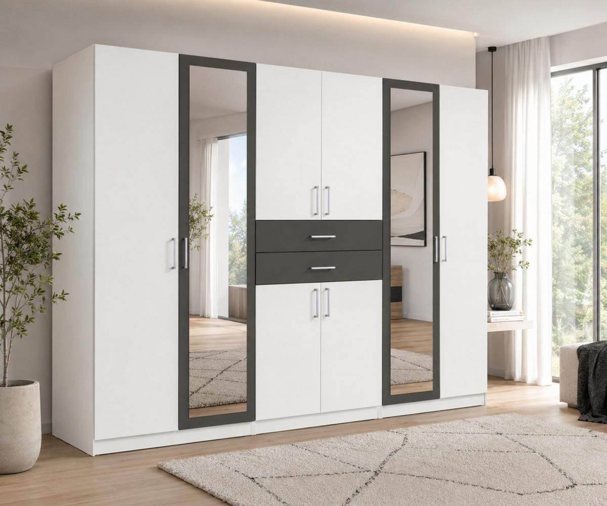 DREHTÜRENSCHRANK B270/H208/T58 cm, Weiß mit Absetzungen in Grafit, Kleiderschrank mit 2 Spiegeltüren & Schubkästen / 22594 - Silberfarben/Graphitfarben, Holzwerkstoff/Kunststoff (270/208/58cm) - luma-home