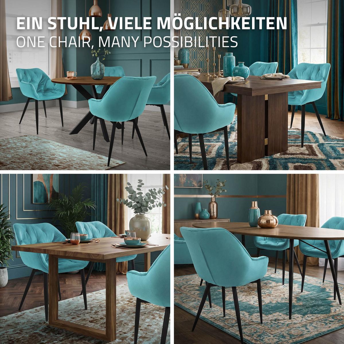 ESSZIMMERSTÜHLE 4er Set Petrol Samt - Blau/Schwarz, Metall (67/83/59cm) - ML-DESIGN