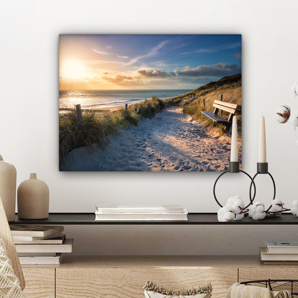 LEINWANDBILD Sonnenuntergang - Strand - Düne - Gras - Ufer Wandbild 40x30 cm - Sandfarben, Textil (40/30cm) - MuchoWow