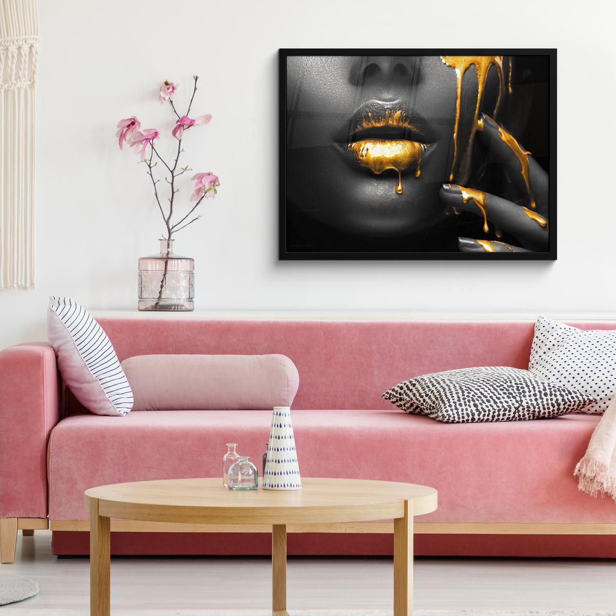 POSTER MIT RAHMENGERAHMTES BILD Frau - Schwarz - Gold - Gesicht - Lippen 80x60 cm - Goldfarben, Papier (80/60cm) - MuchoWow