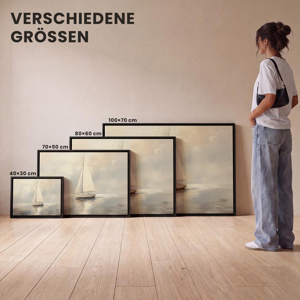 LEINWAND Bilder mit Rahmen - Segelschiff - Meer - Bewölkt - 100x70 - Creme, Textil (100/70cm) - MuchoWow