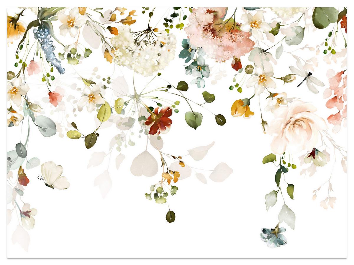 FOTOTAPETE für Schlafzimmer Bunte Zarte Blumen Blätter Pastell 400x280 - Ecru/Beige, Papier (400/280cm) - Muralo