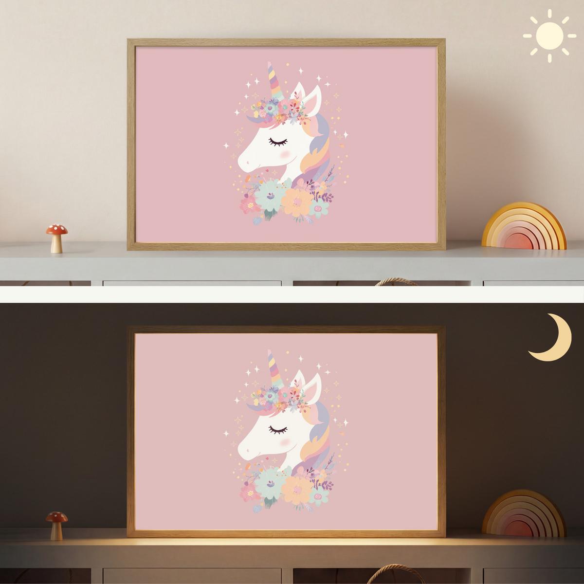 WANDLEUCHTE MIT AKKU Einhorn - Rosa - Blumen 60x40 cm - Rosa, Holzwerkstoff (60/40/8cm) - OnlyWow