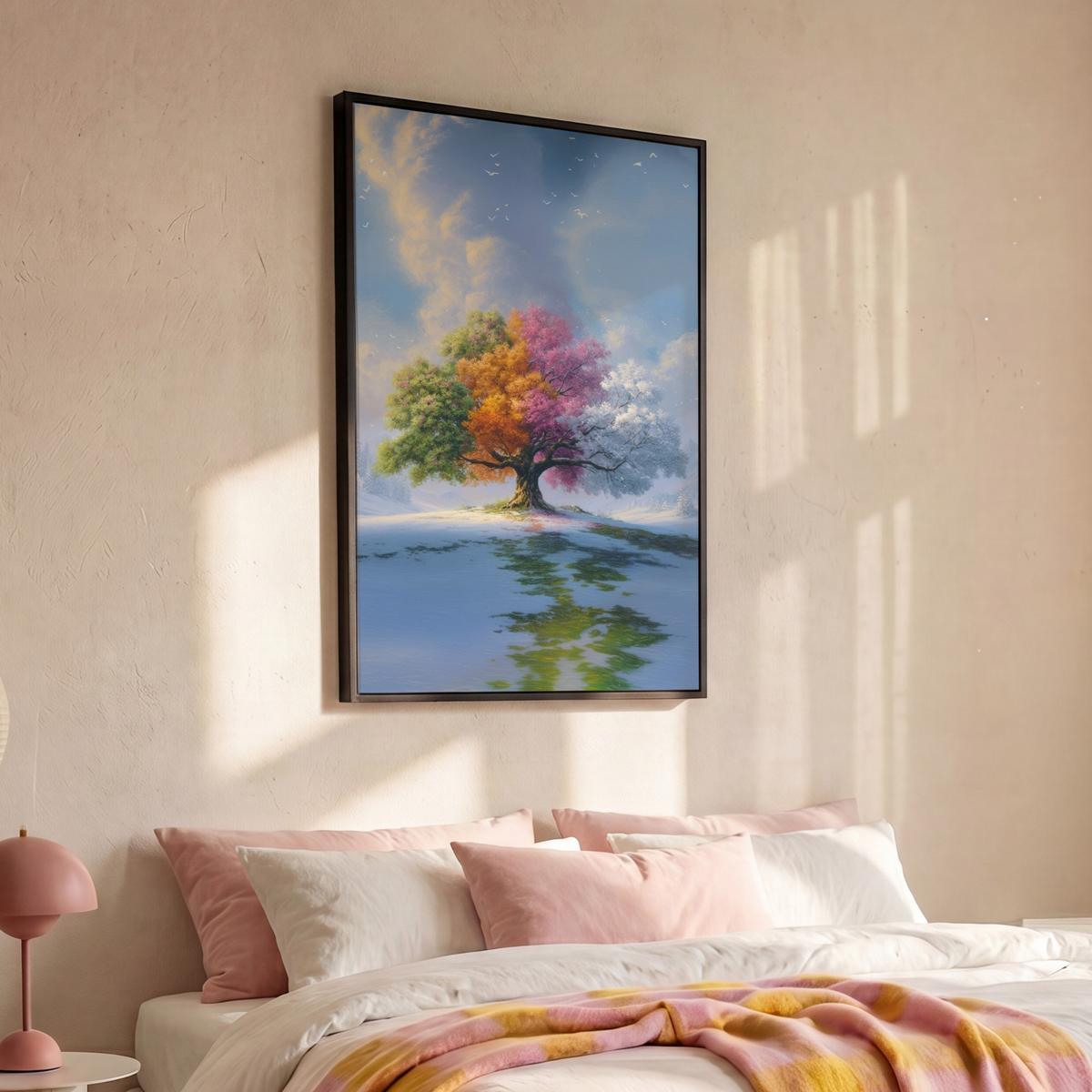 LEINWAND Bilder mit Rahmen - Baum - Jahreszeiten - Winter - Landschaft - 100x150 - Multicolor, Textil (100/150cm) - MuchoWow