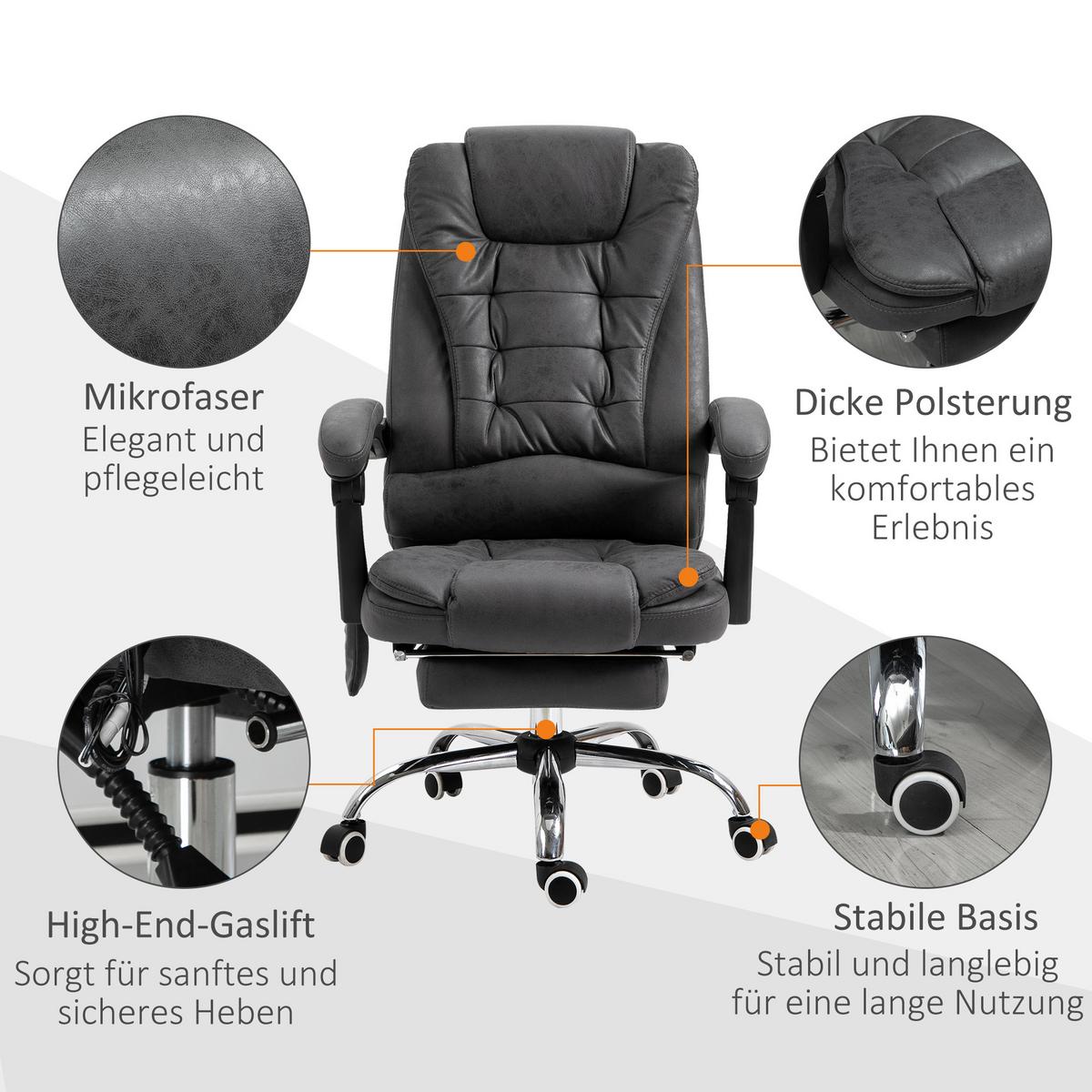 CHEFSESSEL mit Massagefunktion, Ergonomisch Schreibtischstuhl mit Liegefunktion - Blau/Silberfarben, Kunststoff/Textil (70/119/65cm) - Vinsetto