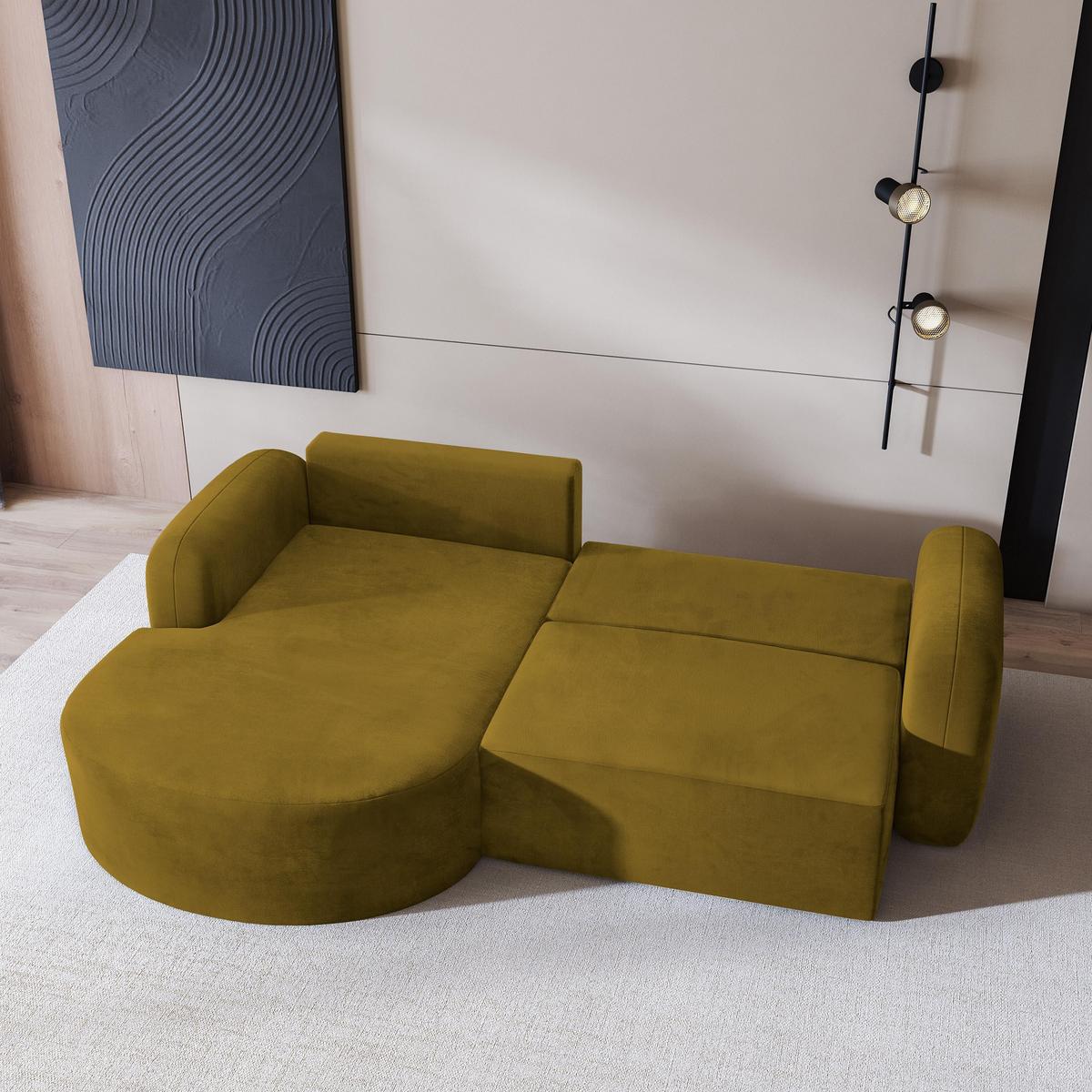 ECKSOFA AMILIA M L-S Gelb Velours-Stoff mit Schlaffunktion - Gelb, Holz (263/174cm) - MASSENO