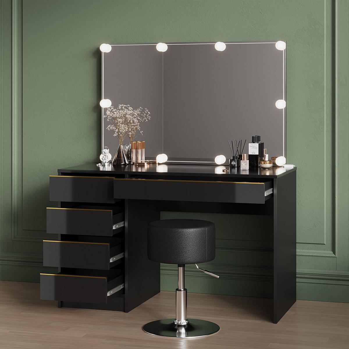 SCHMINKTISCH Imola Schwarz/Gold mit LED Beleuchtung und Hocker - Goldfarben/Schwarz, Holzwerkstoff (120/75/55cm) - Livinity®